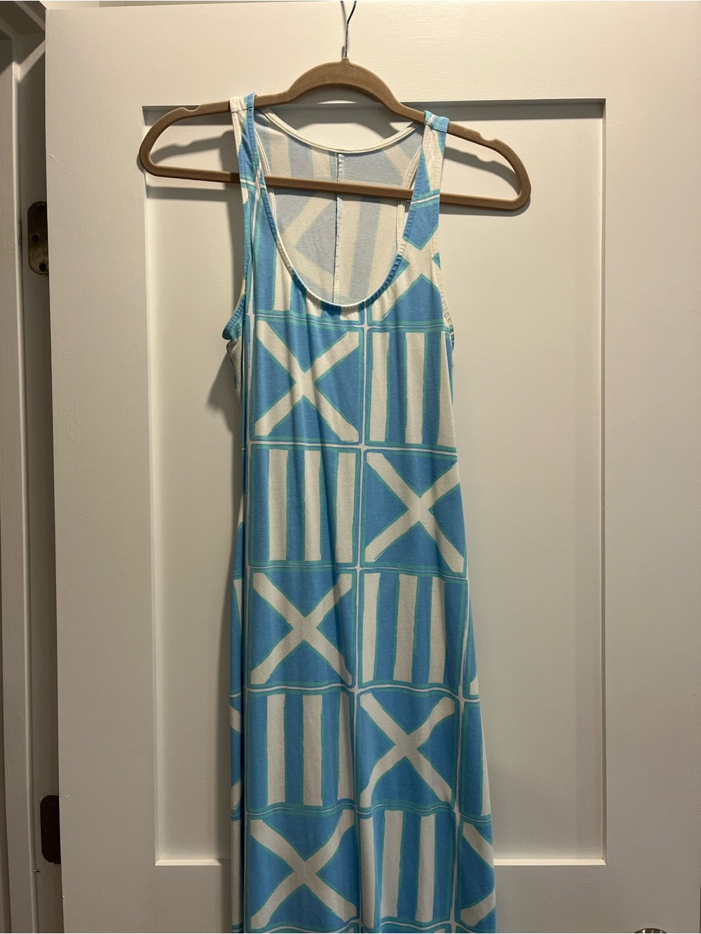 MAHI GOLD Blue and White Geometric Tank Maxi Dress